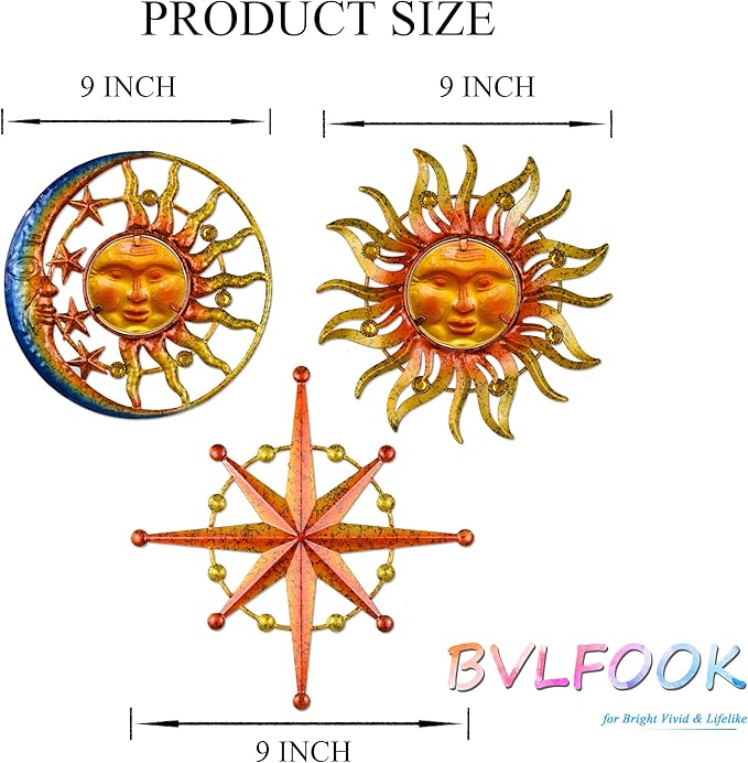 Sun Moon Star Metal Wall Art, Glass Sun Face Weird Decor, Set of 3, Valentine Wall Decor for Patio Garden Balcony Porch Yard, Farmhouse Bedroom Living Room Wall Decorations