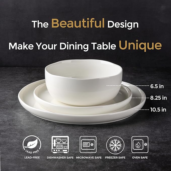 Ceramic Dinnerware Sets for 4,Handcraft Wavy Rim Stoneware Plates and Bowls Sets,Highly Chip and Crack Resistant | Dishwasher & Microwave & Oven Safe Dishes set,Service for 4 (12pc)-White &Wave