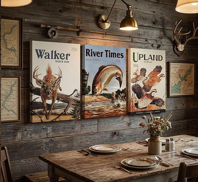 3Pcs Retro Hunting Canvas Wall Art Outdoorsy Wild Animal Wall Decor Pictures Nature Wilderness Deer Wild Duck Fishing Posters Prints Gift Send Hunter Dad For Farmhouse Living Room Bedroom Decoration