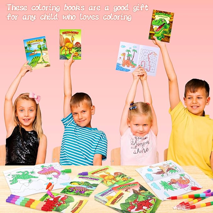 BenLouis 24 Dinosaur Mini Coloring Books Kids with 24 Stacking Crayons Dino Birthday Party Favors Activity Books Bulk for Kids Jurassic Goodie Bag Gift Stuffer Classroom Reward