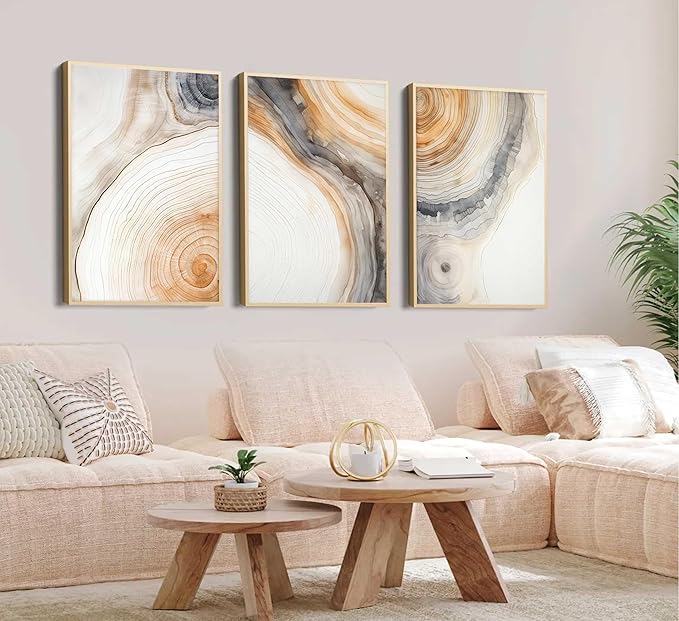 3 Pcs Beige Tree Rings Canvas Wall Art Modern Neutral Abstract Geome Nature Tree Ring Paintings Pictures Wall Decor Poster Print Artwork for Living Room Bedroom Office Home Decoration Unframed