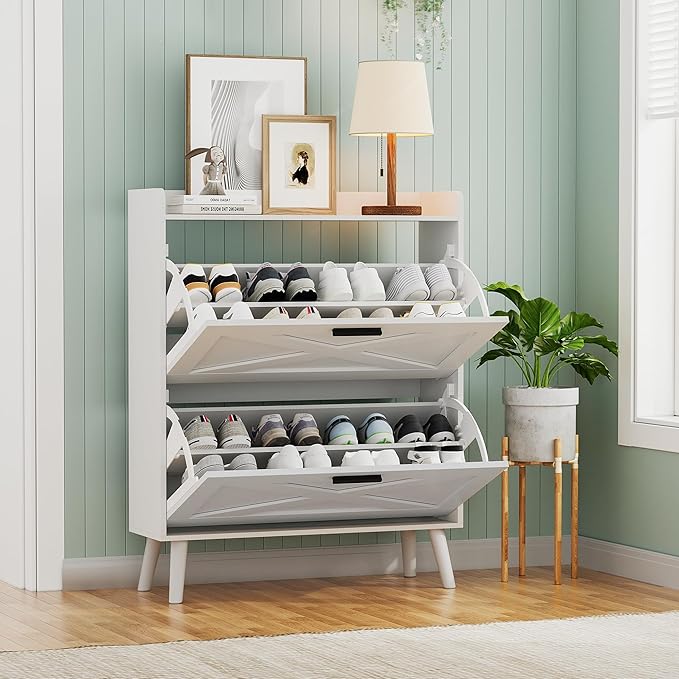 32" W Farmhouse Shoe Storage Cabinet with 2 Flip Drawers and Barn Door Design, Adjustable Shelves, Modern Hidden Slim Narrow Shoe Rack Cabinet for Entryway, Foyer, Hallway, Living Room, White