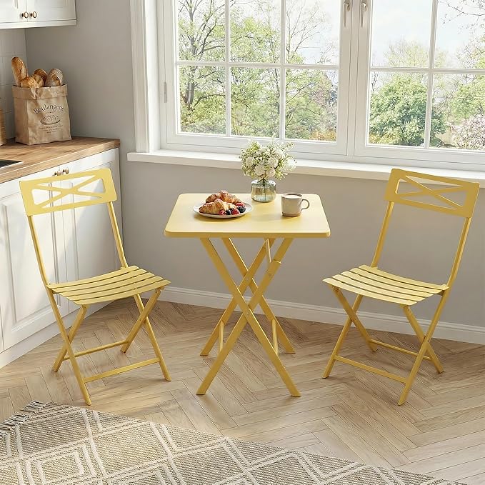 Outdoor Square Bistro Set 3 Piece, Yellow Iron Tube Patio Furniture Set with Square Table & 2 Chairs, Foldable Steel Backyard Deck Porch Garden , Space Saving Outdoor Dining Set for Small Spaces