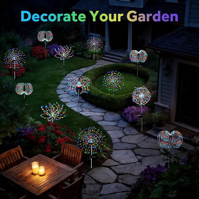 2 Pack 300 LED Solar Garden Lights Outdoor Waterproof Decorative, 8 Modes Firework Lights Solar Powered, Multicolor Sparkler Fairy Light for Yard Patio Pathway Lawn Landscape Flowerbed Party Decor