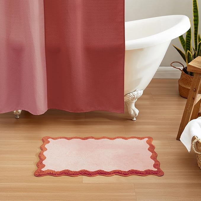 MONDAY MOOSE Bath Mat with Scalloped Wavy Ripple Design, Microfiber Absorbent Non Slip Tufted Rug for Floor, Shower or Kitchen (20x32 inch, Blush)