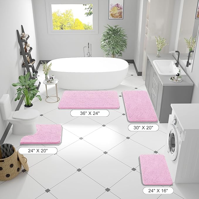 OLANLY Bathroom Rugs 47x17, Extra Soft Absorbent Chenille Bath Rugs, Rubber Backing Quick Dry, Machine Washable Bath Mats for Bathroom Floor, Tub and Shower, Home Decor Accessories, Pink