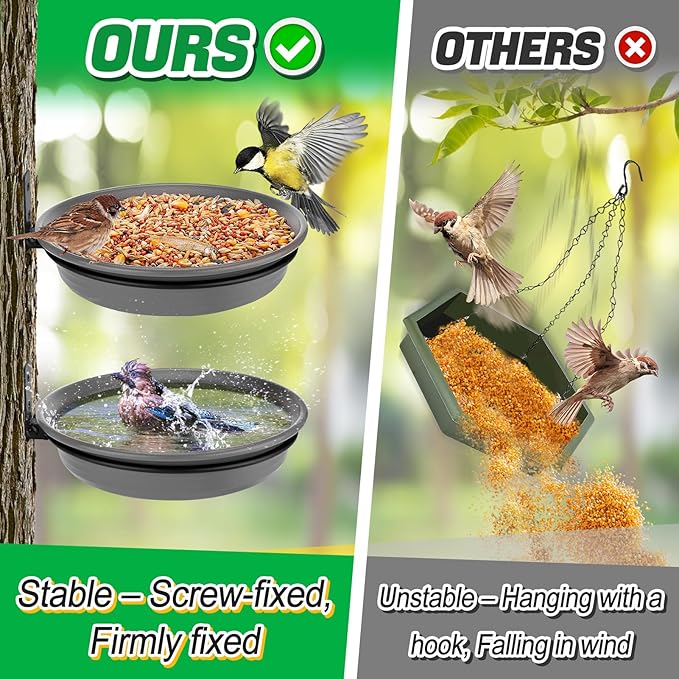 Fence Bird Feeders Tray - 2pcs Tree Mounted Wild Bird Bath for Outdoors Place Food Water, Installed on Deck Wall Stakes with Heavy Duty Iron Ring, 8.3'' Dia. (Grey)