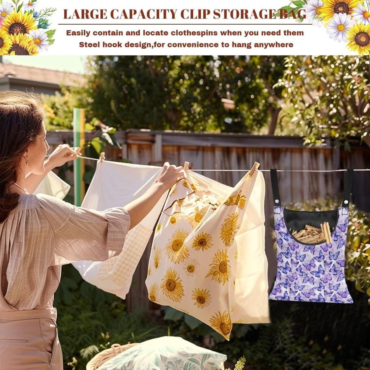Butterfly Purple Clothespin Bag for Clothesline Outdoor, Soft & Lightweight Hanging Bag for Laundry, Clothes Pins Bag Holder Outdoor, Clothes Pin Bag for Outside