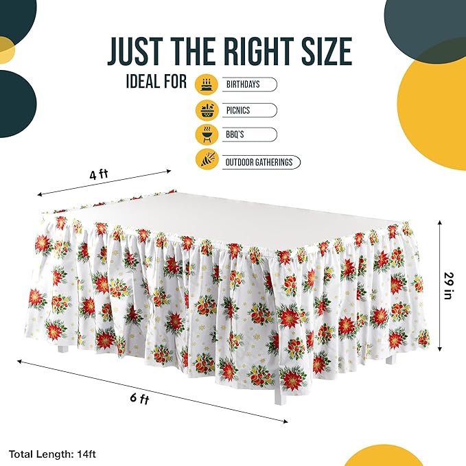 Exquisite Ruffle Table Skirt Holiday 2 Pack 14 Ft Long for Rectangle 6ft Plus or Round Tables With Adhesive Strip for Gender Reveal Decor & Happy Birthday Parties