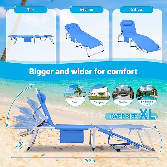 Outdoor Chaise Lounge with Detachable Pillow, Reclining Folding Chair with 5-Position Adjustable Back, Portable Tanning Chair For Beach, Pool, Lawn, Breathable Mesh Seat, No Assembly (Blue 4)