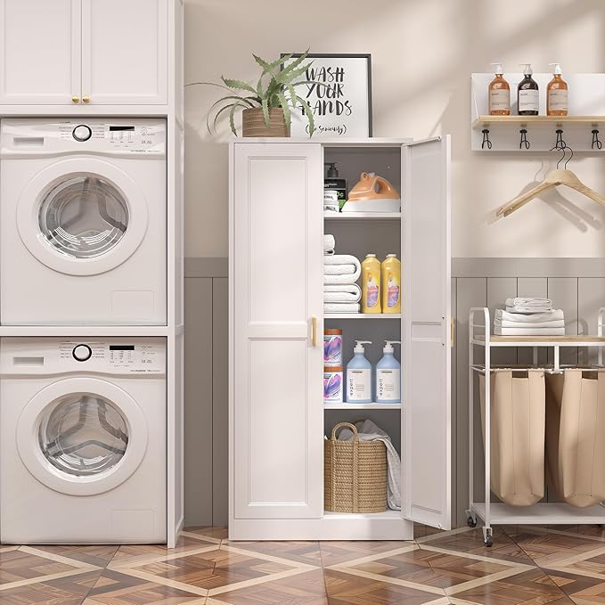 Kitchen Pantry Cabinet,60”White Metal Pantry Storage Cabinet with Doors and 4 Adjustable Shelves,Kitchen Cabinet with 2 Gold Handles,Tall Cabinets for Livingroom, Bathroom