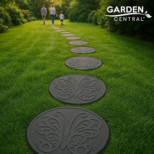 TierraVerde 4-Pack 18”x18” Fake Butterfly Rubber Stepping Stones, Round, Grey – Reversible Non-Slip Outdoor Faux Decorative Set for Landscaping – DIY Decor for Walkways & Yard Pathways