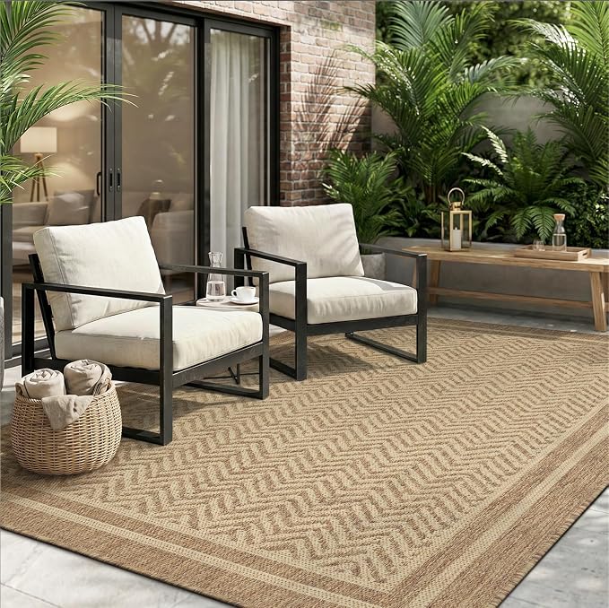 MontVoo-Outdoor Rug-Patio Rug 8x10 Polypropylene Indoor Outdoor Rug Outdoor Carpet for Patio Deck Balcony Porch, Textured Weave, Durable for High Traffic, Fade-Resistant, Boho Farmhouse Neutral Brown