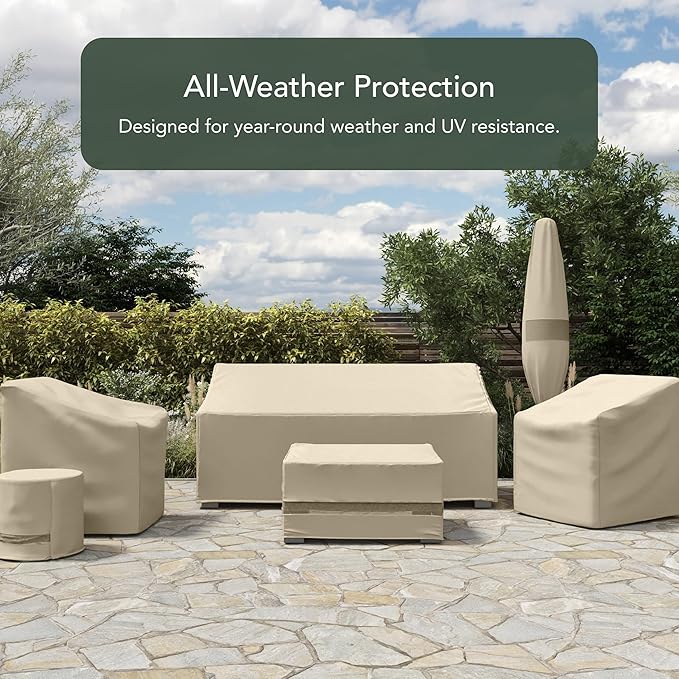 Covermates Elite Outdoor Patio Sofa Cover – Water-Resistant 300D Polyester, Double-Stitched Seams, Elastic Hem, Auto-Locking Drawcord & Mesh Vent for Moderate Weather, 62W x 32D x 34H, Khaki