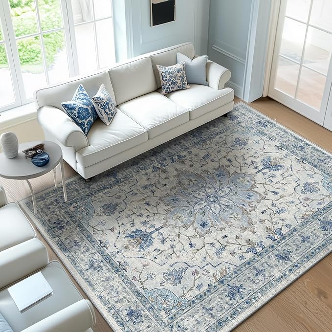 Area Rugs 6'x8' Washable Non-Slip, Floral Vintage Distress Print Pattern Medallion Carpet for Living Room Bedroom Dining Room, Light Blue Navy Beige Gray White