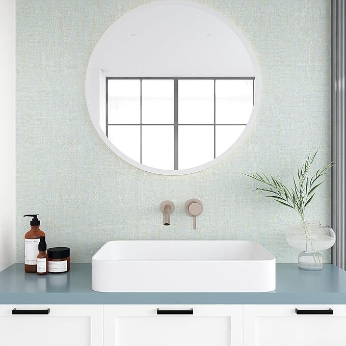 VEELIKE Blue Gold Grasscloth Peel and Stick Wallpaper 15.7''x118''