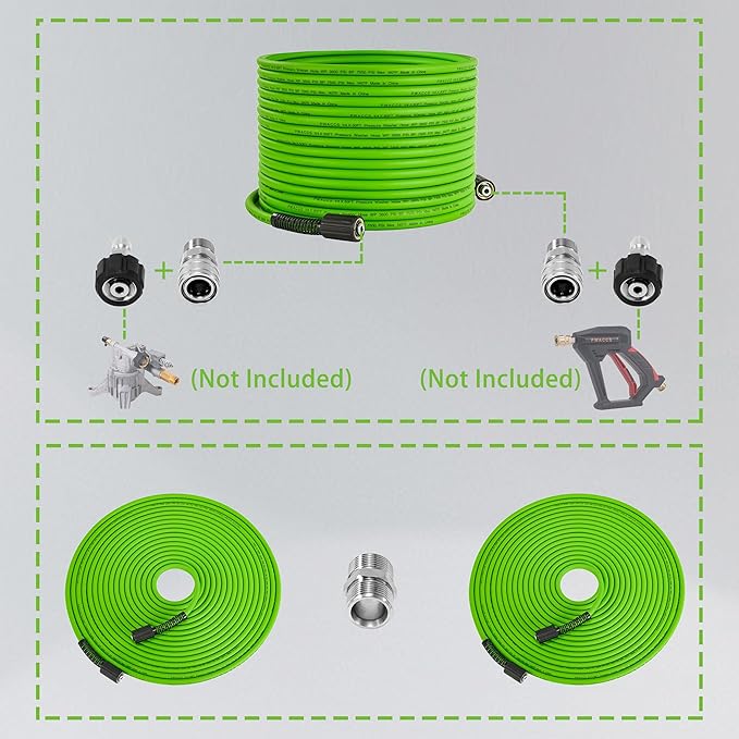 PWACCS Pressure Washer Hose 50 FT x 1/4", Power Washer Hose Kink Resistant, Universal High-Pressure Washing Extension Hoses Replacement, Compatible with M22 Stainless Steel Fittings, 3600 PSI, Green