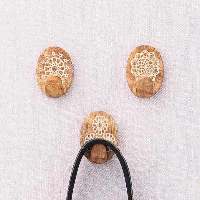 Indian Shelf 6 Lb- 3 Pieces Decorative Wood Adhesive Wall Hooks–Boho Peel and