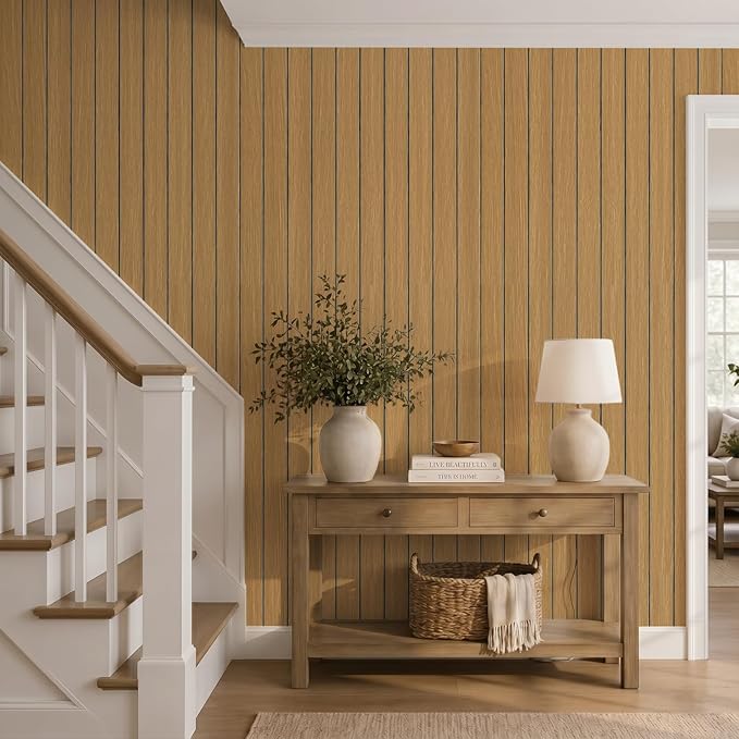 VEELIKE Honey Teak Wood Slat Wall Panels Peel and Stick 3D Wooden Panels Wall