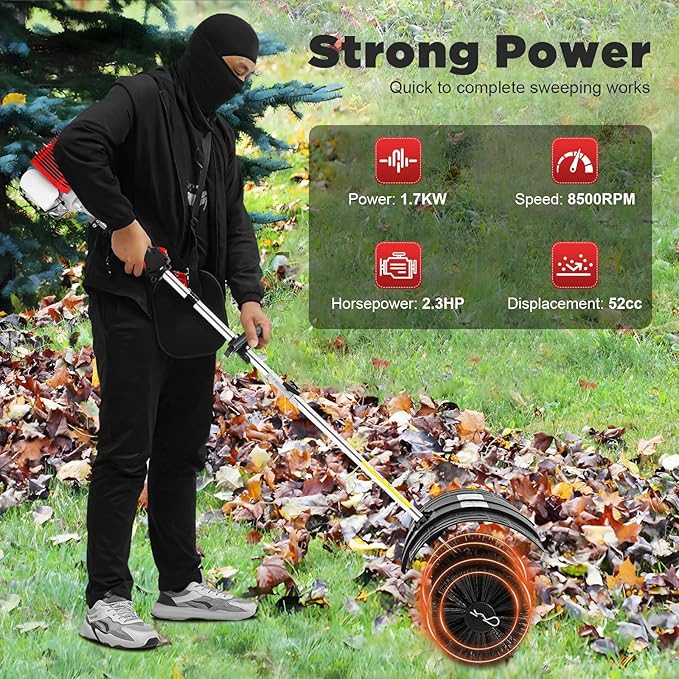 52CC 2 Stroke 2.3HP Gas Power Artificial Grass Cleaner, 1700W Gas Handheld Sweeper with Blower and Large Fuel Tank, Portable Handheld Broom for Sweeping Driveway Grass Patio