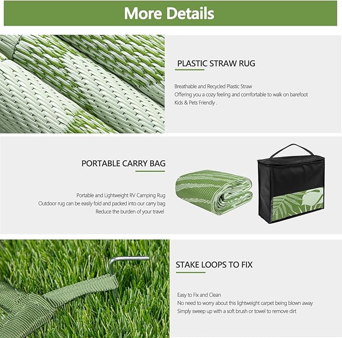 Waterproof Outdoor Rug 8x10 ft, Reversible Plastic Straw Mat with Leaf Pattern, Large Floor Mat for Patio, Camping, Picnic, Backyard RV, Deck, Light Green