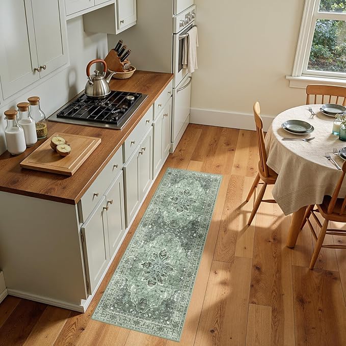 Area Rugs 2'x5' Runner Rug Non Slip Washable for Kitchen Hallway Bedroom Beside Laundry Room Bathroom Rug, Floor Carpet, Dark Green Gray