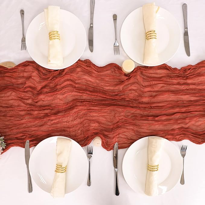 Snowkingdom 10 Ft Fall Thanksgiving Table Runner Terracotta Rust Cheesecloth Gauze, 120 inch Long Burnt Orange Boho Cheese Cloth for Wedding Bridal Shower Rustic Sheer Table Decorations