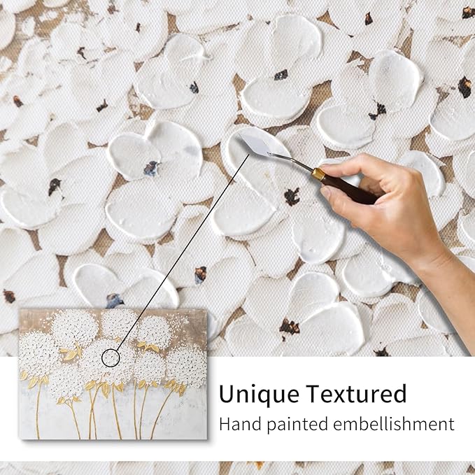 JolyWell White Hydrangea Flower Wall Art, hand-painted Large Canvas Wall Art for Living Room, 3D Textured Oil Painting, Neutral Wall Art decor, Kitchen Bathroom Office Bedroom Wall Art Decor 40" 28"