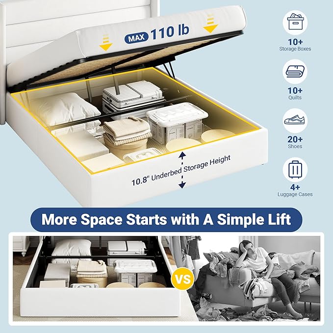 Allewie Full Size Velvet Lift Up Storage Bed, Modern Wingback Headboard, Hydraulic Support, No Box Spring Needed, White