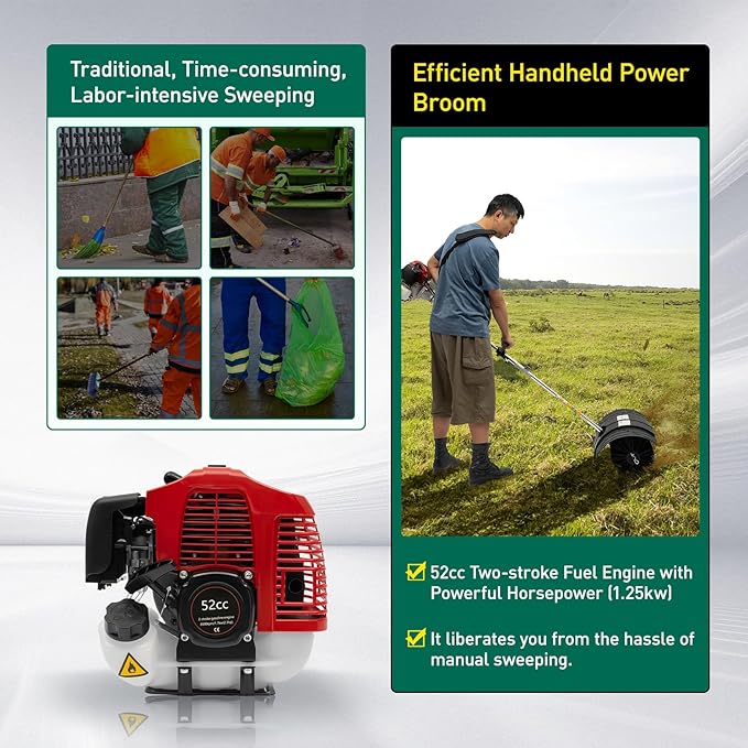 52cc 2.3HP Outdoor Hand Held Gas Power Broom, 2-Stroke Gasoline Power Broom, Walk Behind Sweeper Cleaning Driveway Tools, 1.8M Lawn Sweeper for Driveway Lawn Garden Snow