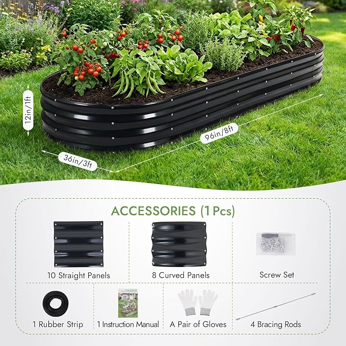 INNO STAGE Galvanized Raised Garden Bed, 8x3x1FT Oval Metal Raised Garden Beds for Vegetables, Rust-Resistant & Easy Assembly, Outdoor Planter Box for Gardening, Flowers, Herbs (Grey)