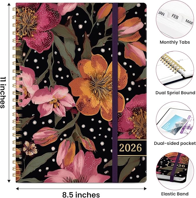 2026 Planner, Weekly and Monthly Planner for Women, Jan 2026 - Dec 2026 Pretty 2026 Calendar Planner with Monthly Tabs, Inner Pocket, Spiral Binding, Perfect for Office Home School - 8.5" x 11", Crimson Floral