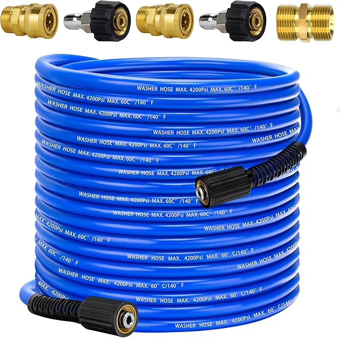 Pressure Power Washer Hose 100 FT x 1/4", Super Flexible Kink Resistant Car Washer Replacement with M22 Fittings & 3/8" Quick Connect Adapters for Ryobi Troy Bilt Flexzilla Greenworks & More, 4200PSI
