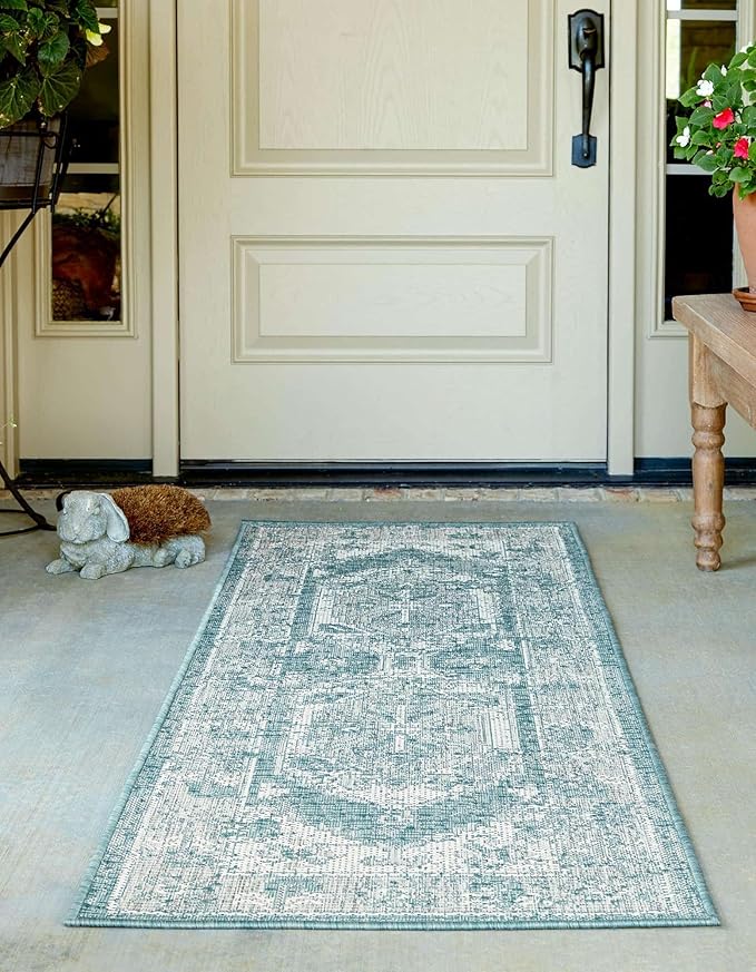 Unique Loom Outdoor Traditional Collection Area Rug - Valeria (2' 7" x 12' Runner, Aqua/ Ivory)
