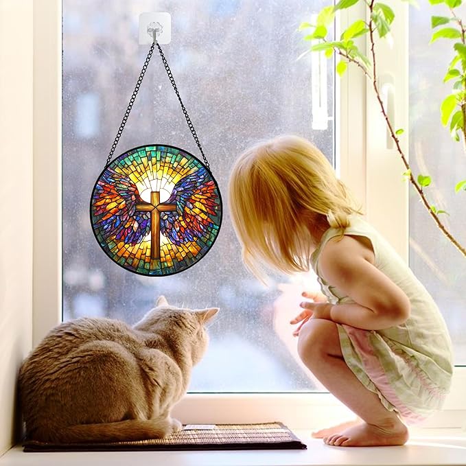 Stained Glass Window Hanging - Jesus Cross Wings Suncatcher Ready to Hang Window Doors Home Decoration and Christmas, Mother's Day Birthday Gifts for Women, Men, and Mom 11.8x11.8 in
