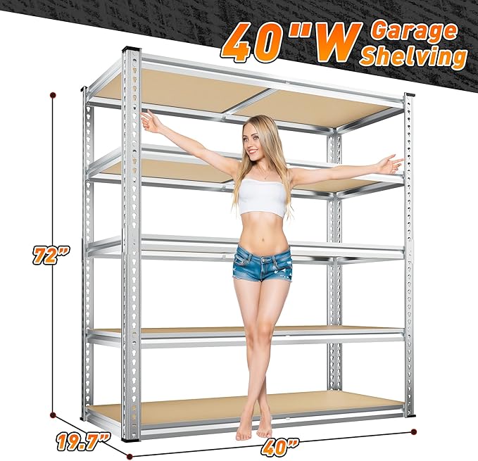 REIBII 40" W Garage Shelving 2500LBS Storage Shelves Adjustable Metal Shelving 5 Tier Pantry Shelves for Closet Kitchen Warehouse 40" W x 19.7''D x 72''H, Silver
