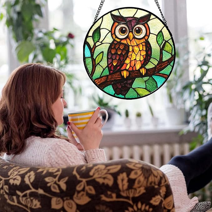 Stained Glass Window Hanging - Owl on a Branch Suncatcher for Doors Window Home Orange Brown Sun Catchers Decor Christmas Mother's Day Birthday Gifts for Teacher Women Men Mom Nana 15 in