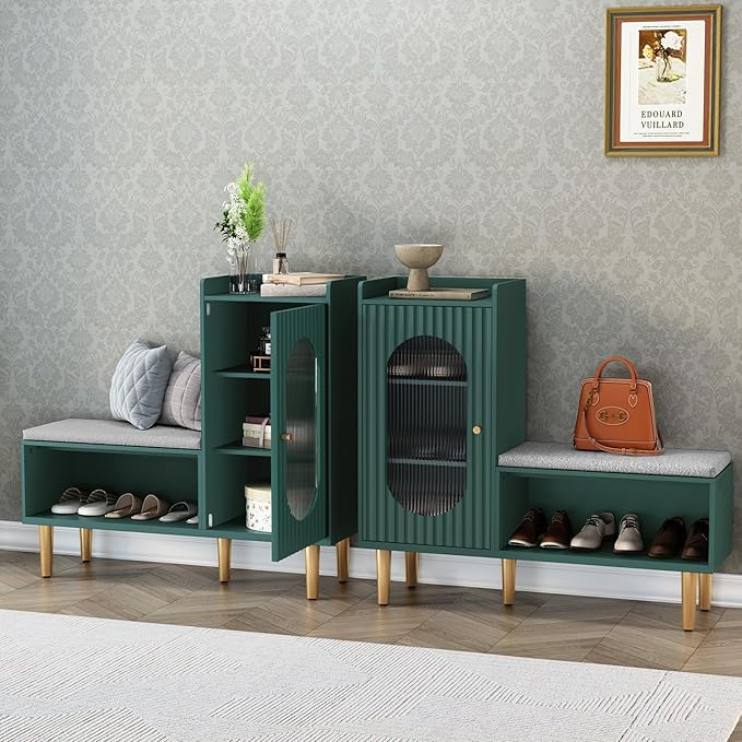 HLR Storage Bench Set of 2, Green Modern Entryway Shoe Cabinet Bench with Glass Door&Shelf, L-Shaped Storage Cabinet with Padded Seat for Hallway, Bedroom, Living Room, Office