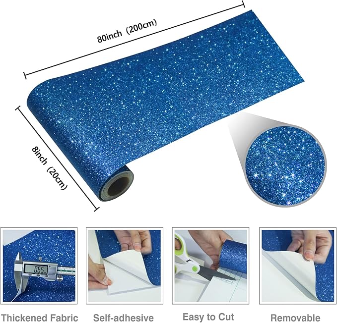 CRE8TIVE Blue Glitter Wallpaper Border Fabric Glitter Wallpaper Stick and Peel