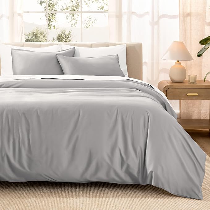 Bare Home 100% Organic Cotton Sateen Duvet Cover Set - Full/Queen Size - 400 Thread Count - Smooth Sateen Weave - Warm & Luxurious - Duvet Cover (Full/Queen, Light Grey)