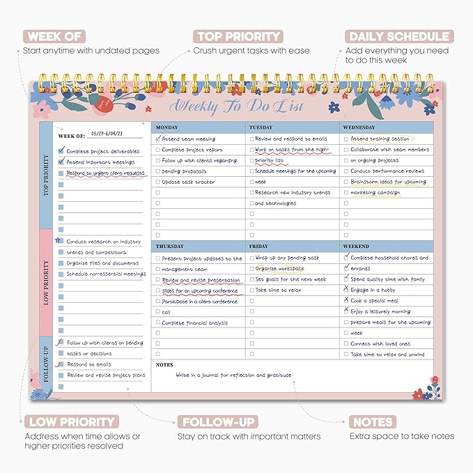 Taja Weekly To Do List Notepad with 52 Undated Sheets（8.5"×11"）- Weekly Desk Planner for Women & Man, Work and Home - 1 Pack Spring Blossom