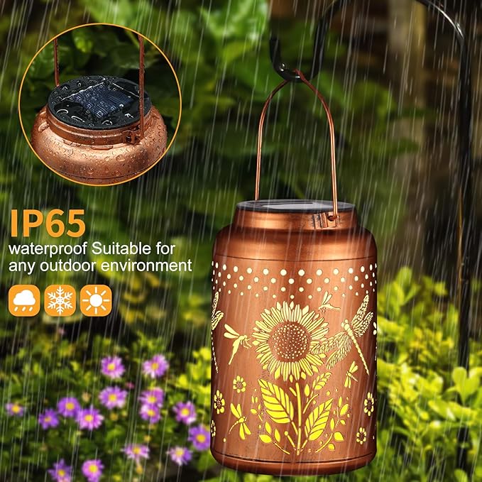 Solar Lanterns Outdoor Waterproof Hummingbird Garden Decor Christmas Gifts for Women Mom Grandma Hanging Lights Metal Decoration Outside for Yard, Patio,Backyard,Porch(Dragonfly and Sunflower)