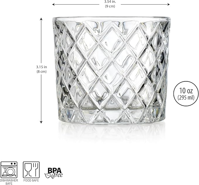 Glaver's Whiskey Glasses Set of 4. 10oz. Double Old Fashioned Glasses for Cocktail Bourbon Rock Glasses,Bar Glasses for Scotch Tequlia Rum. Diamond Cut Glasses. Gift for him
