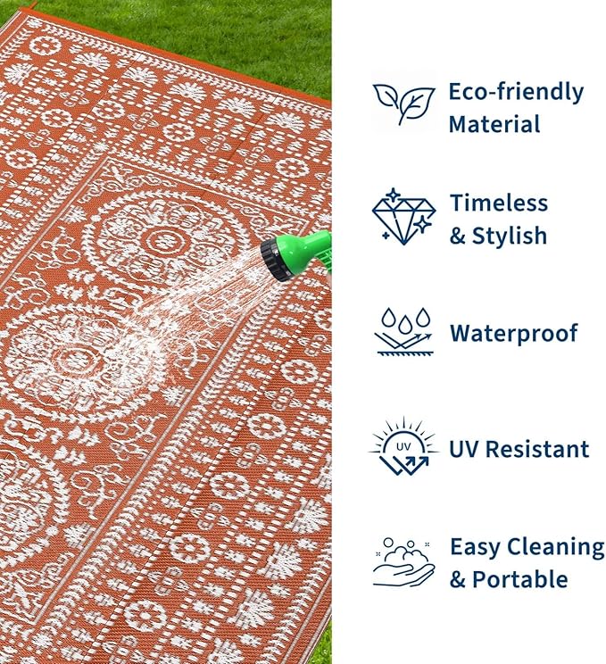 Garvee Reversible Outdoor Rug 6x9 for Patio, Waterproof Outdoor Area Rug, Modern Medallion Indoor Outdoor Rugs, Plastic Straw Rug for RV, Camping, Deck, Vintage Terracotta