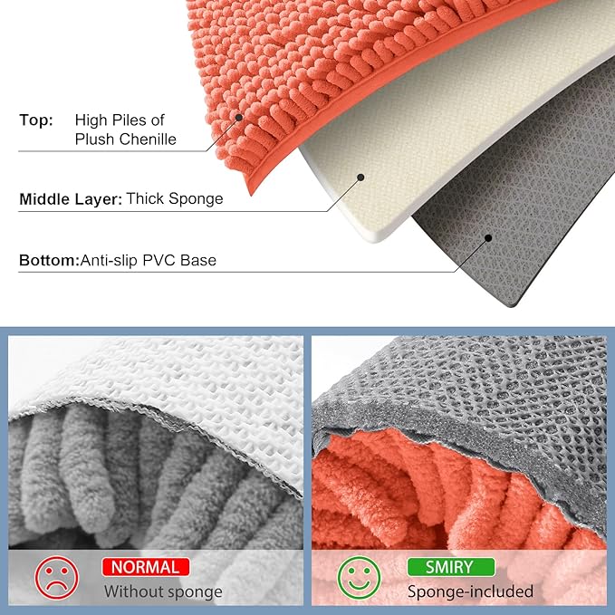 Smiry Luxury Chenille Bathroom Rugs 59x20, Extra Soft and Absorbent Shaggy Bath Mat, Machine Washable, Non-Slip Plush Carpet Runner for Tub, Shower, and Floor, Home Decor Accessories, Coral