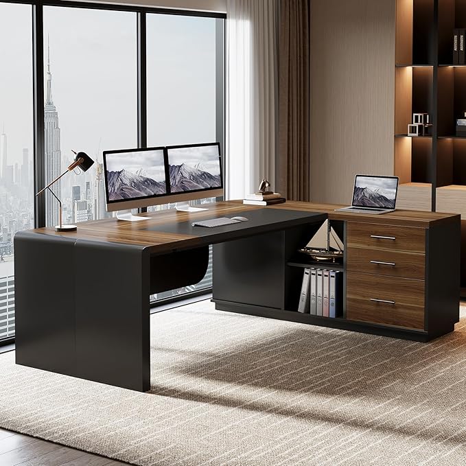 Tribesigns 80'' L-Shaped Desk Set of 6, Large Executive Office Desk with 55'' Drawers Cabinet, Modern Computer Table with Storage Shelves, Business Furniture for Office, Brown