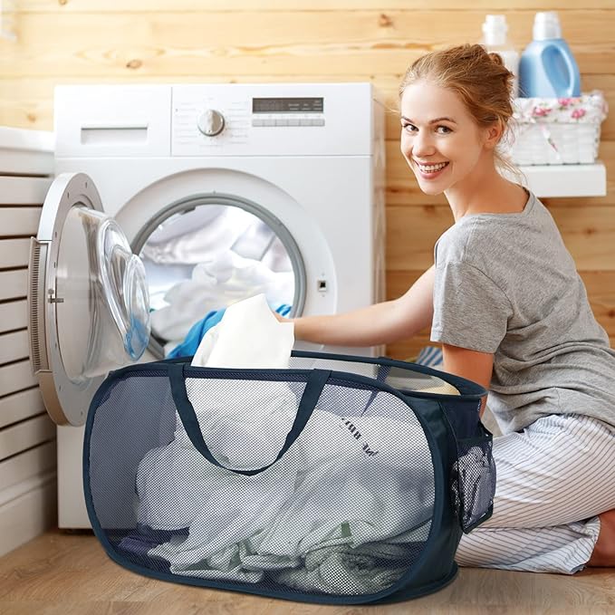 Durable Collapsible Laundry Baskets, Mesh Pop Up Laundry Hamper with Side Pocket, Foldable Clothes Hamper with Reinforced Carry Handles for Laundry, Bathroom, Kids Room, Dorm, Travel 2 Pack Navy Blue