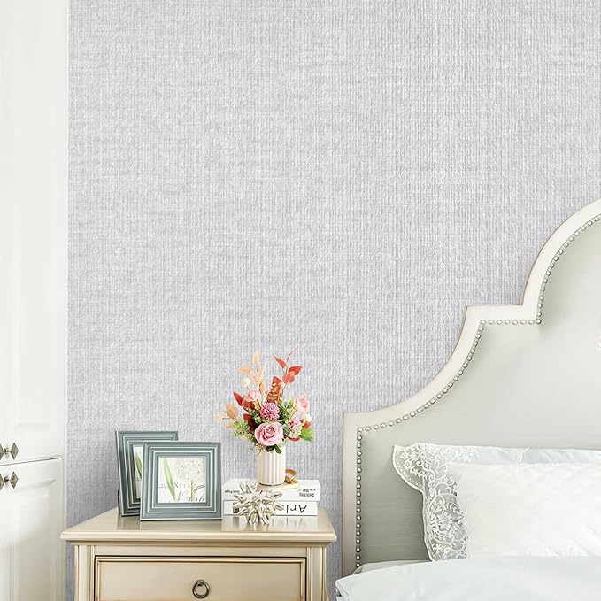 Light Grey Grasscloth Peel and Stick Wallpaper, Vintage Textured Contact Paper