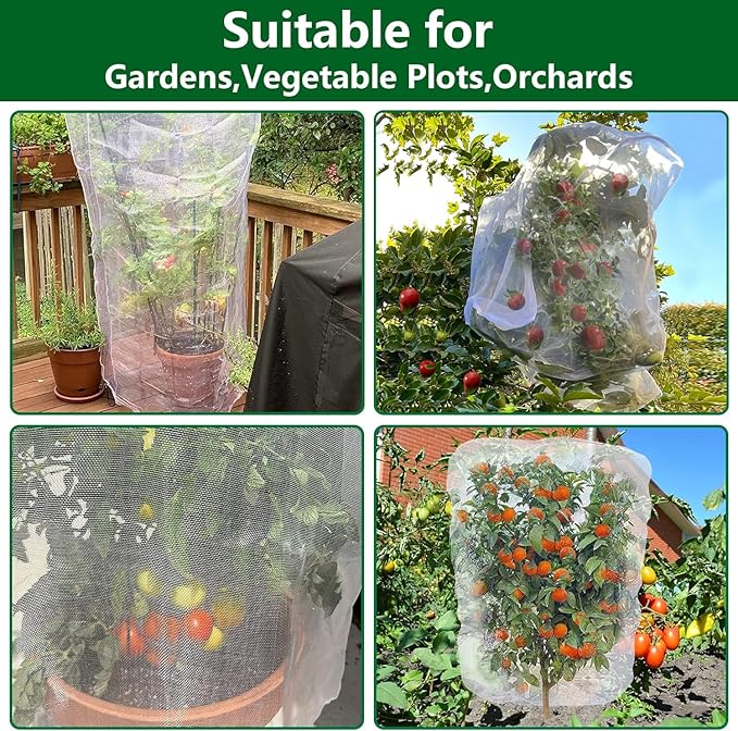 Alpurple 2 Pcs Insect Bird Barrier Netting Mesh with Drawstring- 4.9 x 3.2 Ft Garden Bug Netting Plant Cover- Fruit Tree Net for Protect Plant Fruits Citrus Flower from Insect Bird Eating