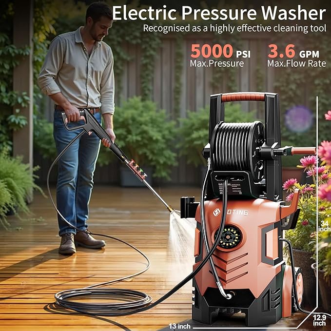 2026new Pressure Washer 5000PSI with Adj-8-Level Touch Screen, 34" Tall Power Washer, 4 Quick Connect Nozzles, Inlet Hose&Filter&500mlFoam Cannon for Cars/Fences/Driveways,Red